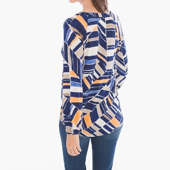Chico’s Geometric Lace Up Blouse Size Large Blue Orange Abstract Print Top - Picture 2 of 11